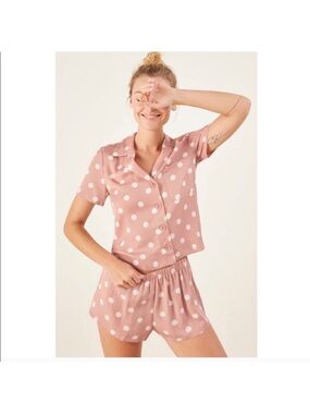 REFORMATION lucy polka dot pj pajama set short sleeve collared shirt and shorts